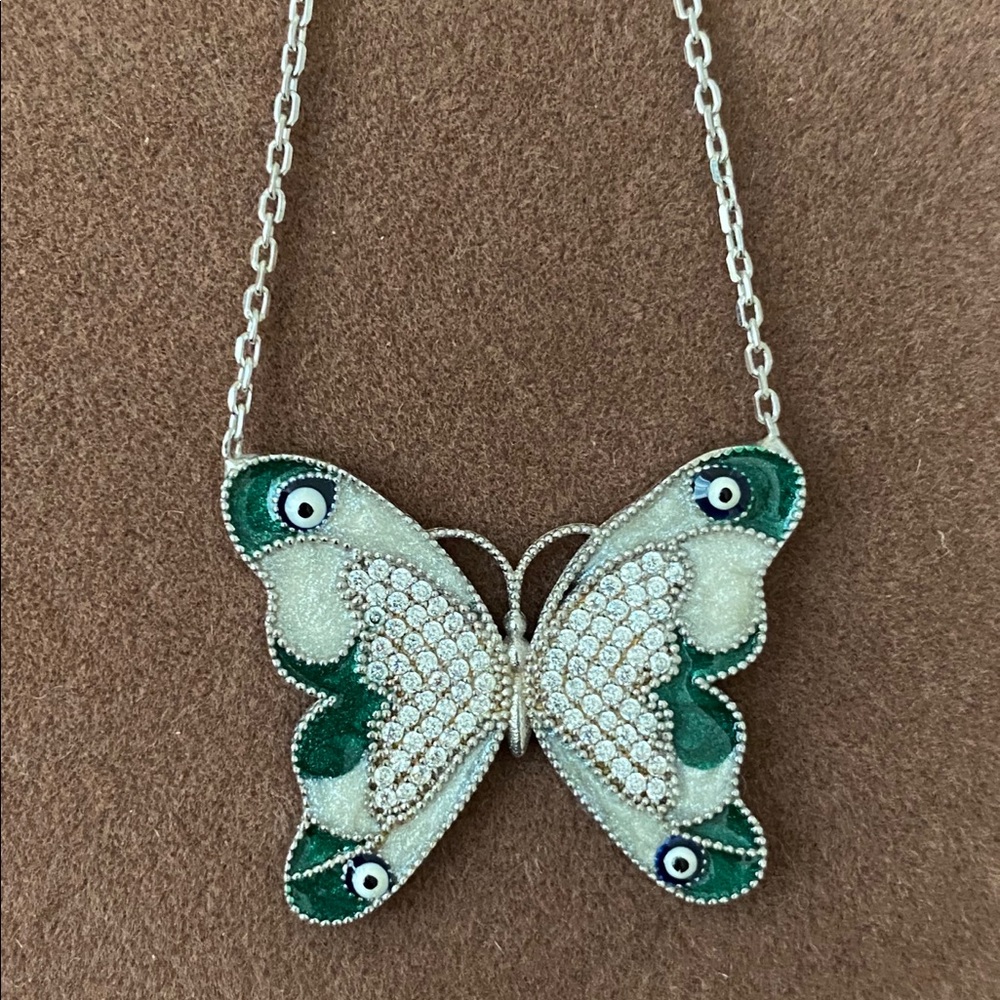 Green butterfly 925 silver evil eye eyes necklace handmade enamel cz stones - Picture 2 of 4
